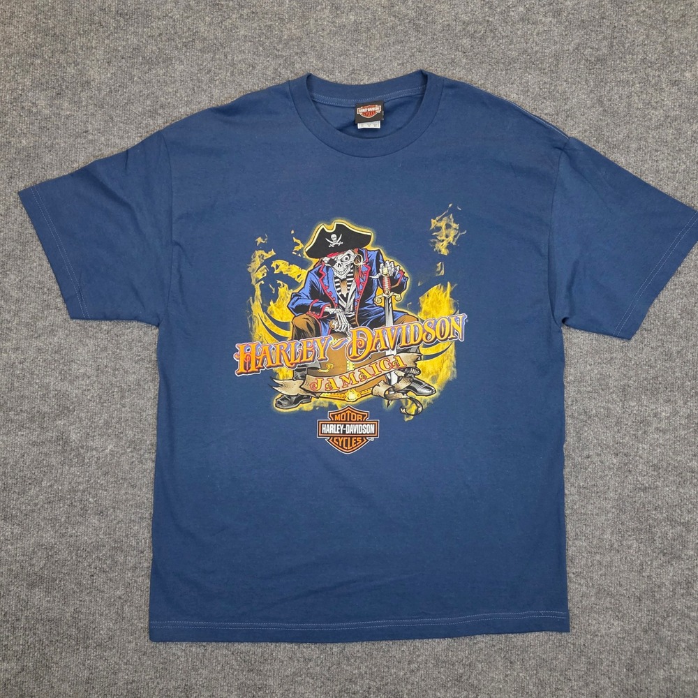 Harley Davidson T Shirt Mens XL Blue Jamaica Blackbeard Revenge Pirate Graphic
